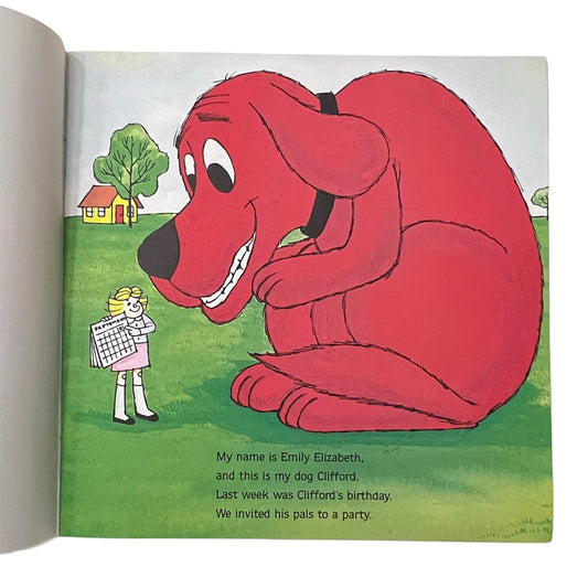 Illustration from a children's book featuring a red dog and a girl named Emily Elizabeth.