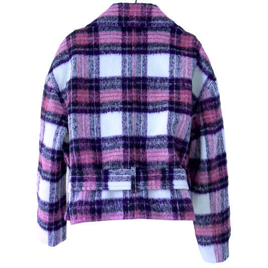 ALLSAINTS Plaid jacket with pink, navy, and white pattern on a white background