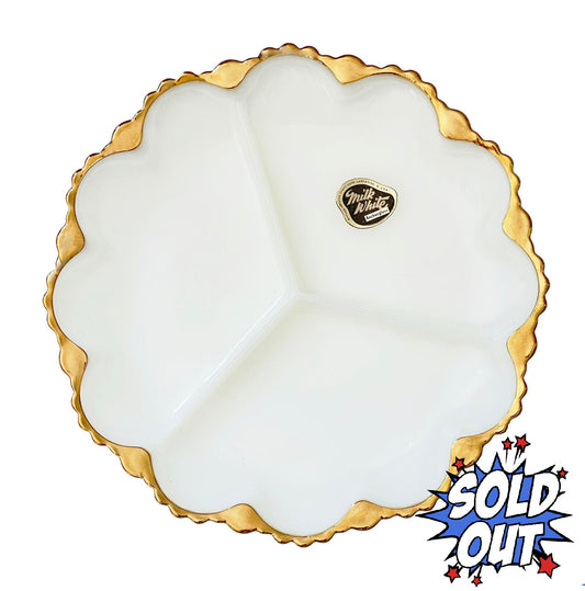 NWT 1960's Anchor Hocking Milk Glass Sectioned Serving Plate 10-in. Gold Trim
