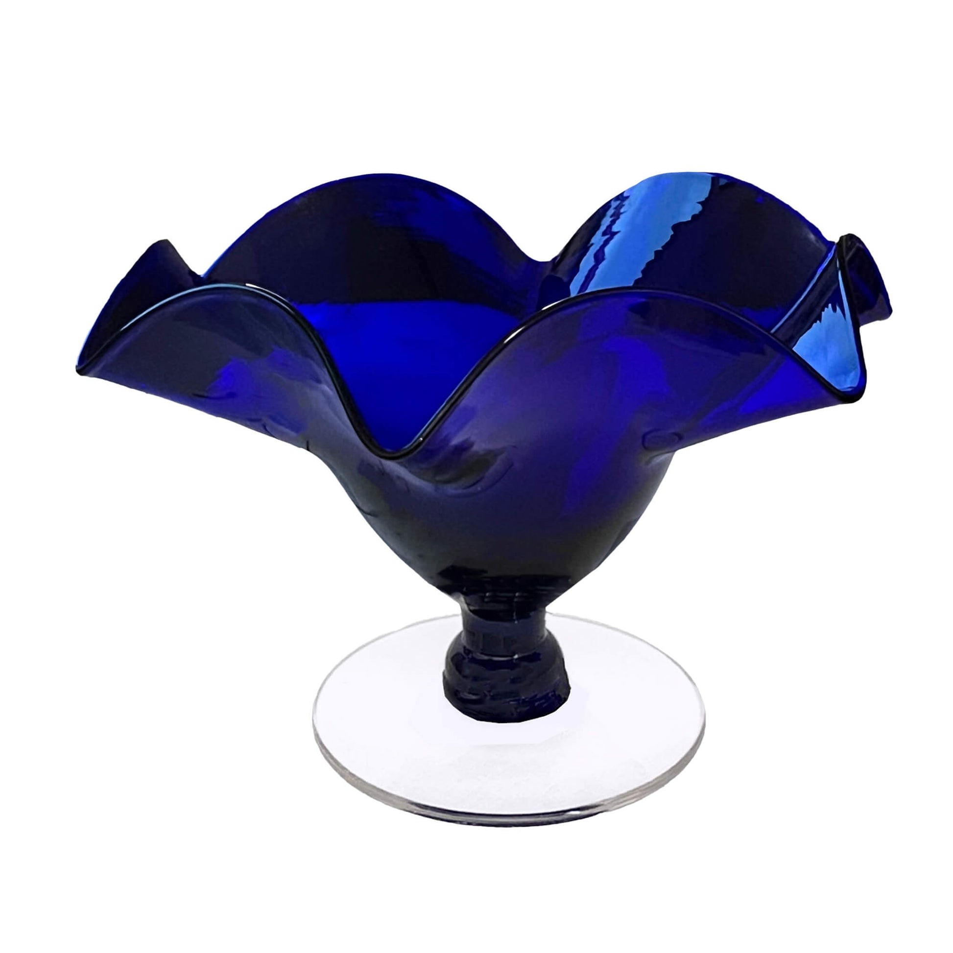 Art-Glass-Pedestal-Bowl-in-Royal-Blue-with-wavy-petals.