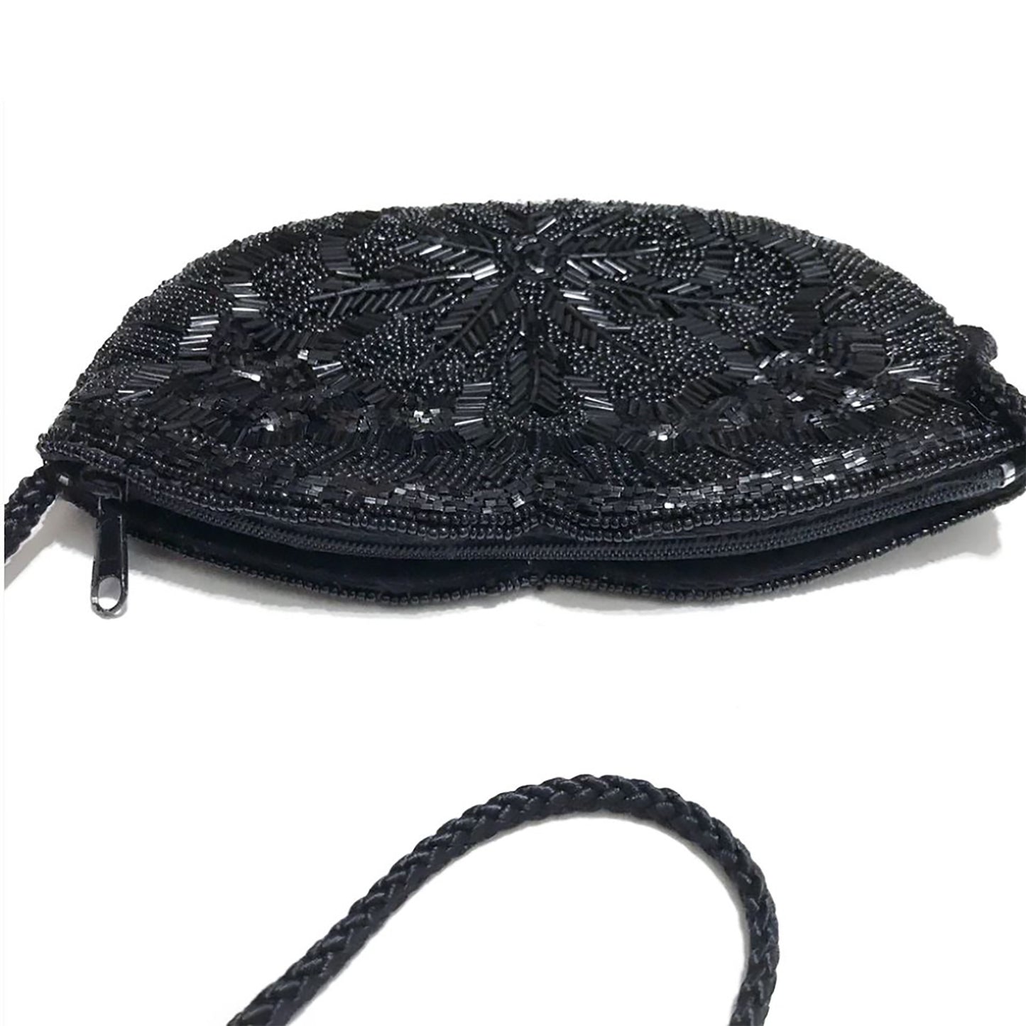 Black-Shoulder-Bag-with-Sequins-and-Beads.-Heart-Shaped.-Top-view.-showing-zipper.