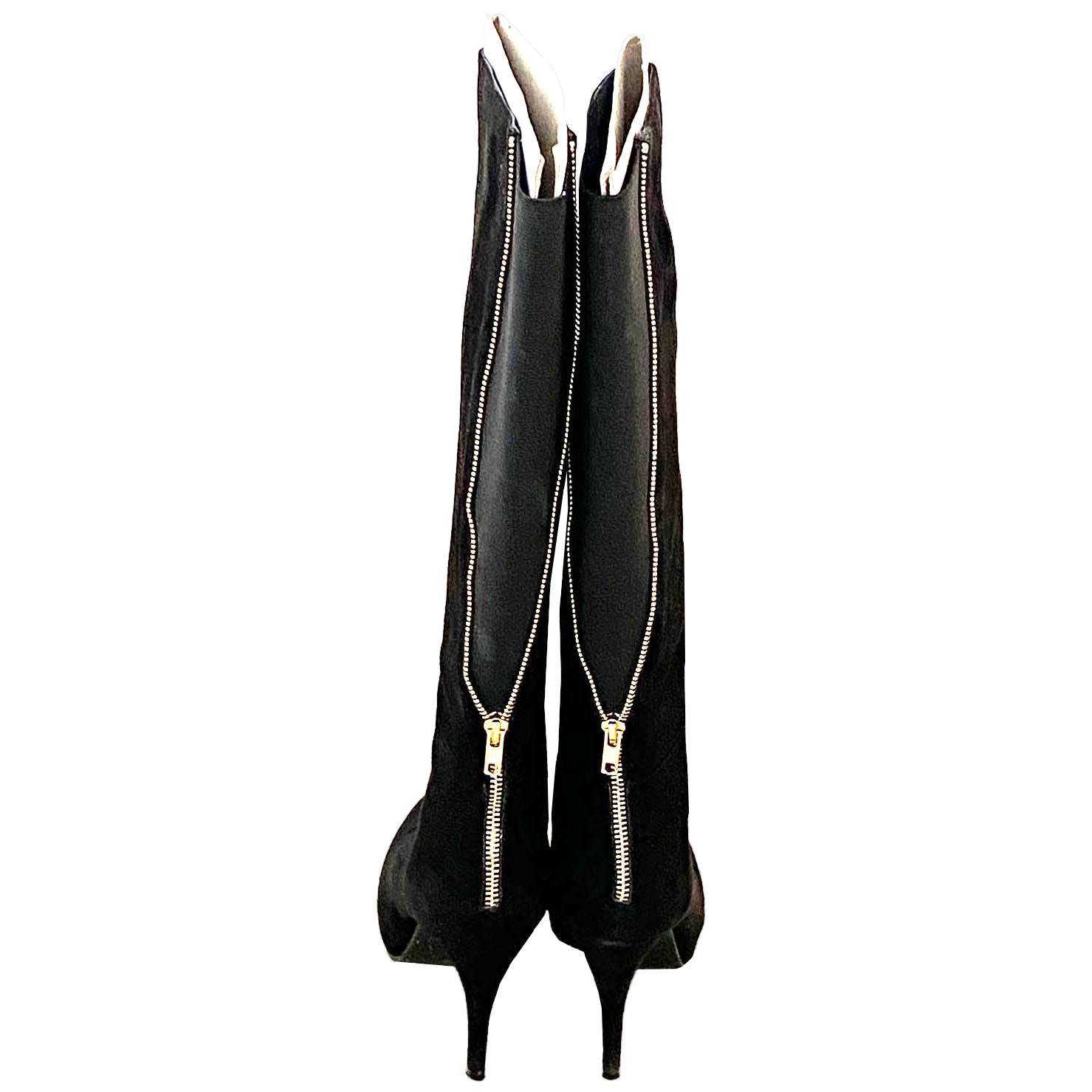 Black_Suede_High_Heel_Fashion_Boots_Zipper_Accents_Back_view_Size_8M