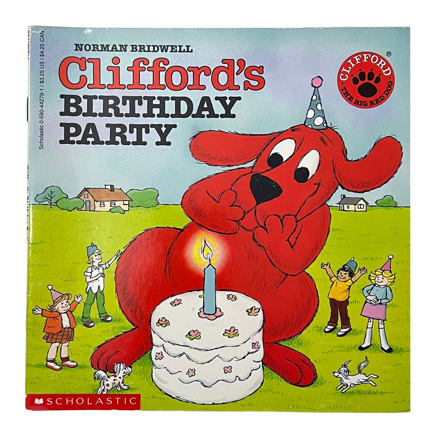 Book cover of 'Clifford's Birthday Party' featuring a red dog with a birthday cake and party hats.