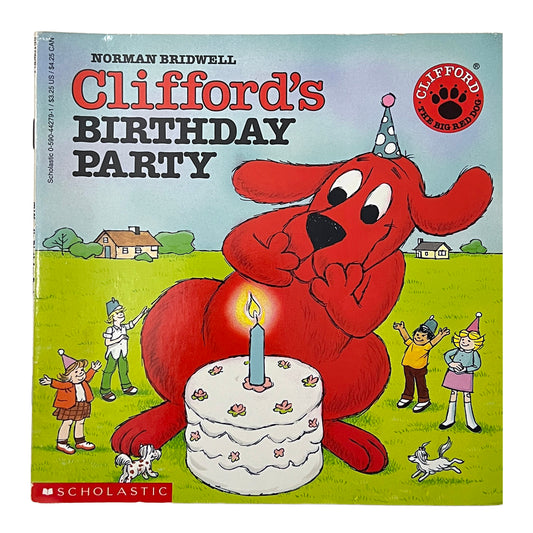 Book cover of 'Clifford's Birthday Party' featuring a red dog with a birthday cake and party hats.