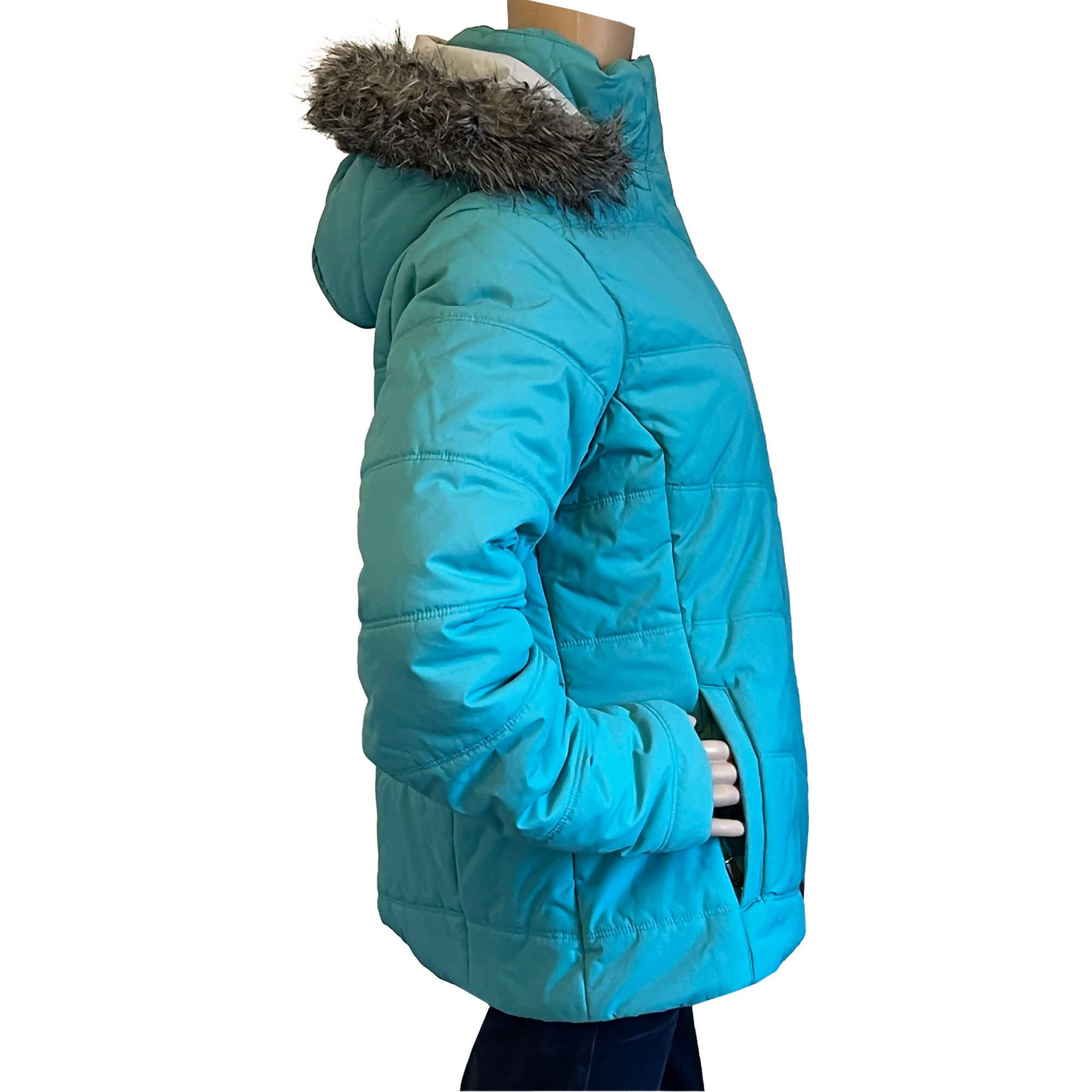 Columbia-Blue-Winter-Coat-with-Faux-Fur-Collar.-Side-view.-Size-Large