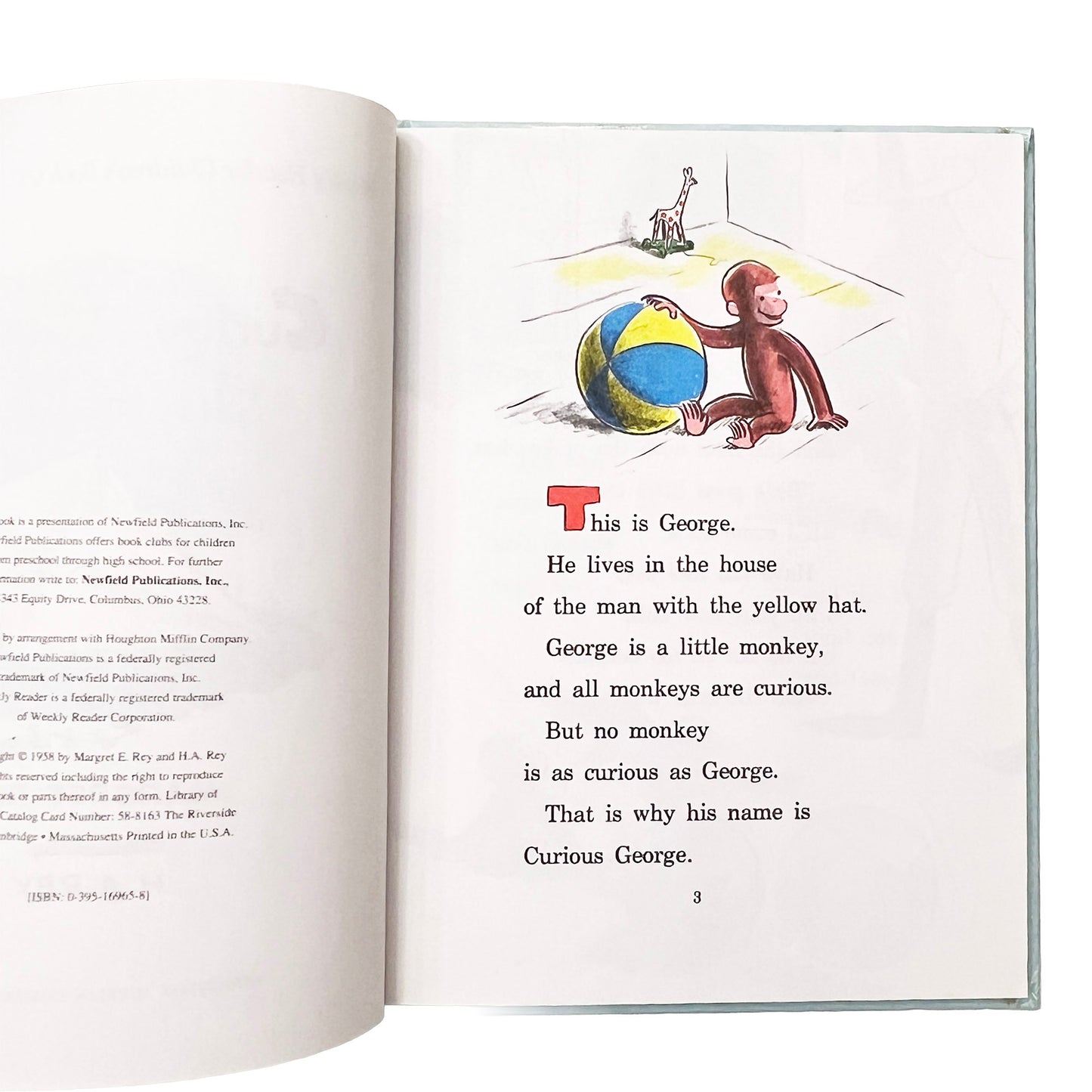 Open book with Curious George illustration and text on a white background