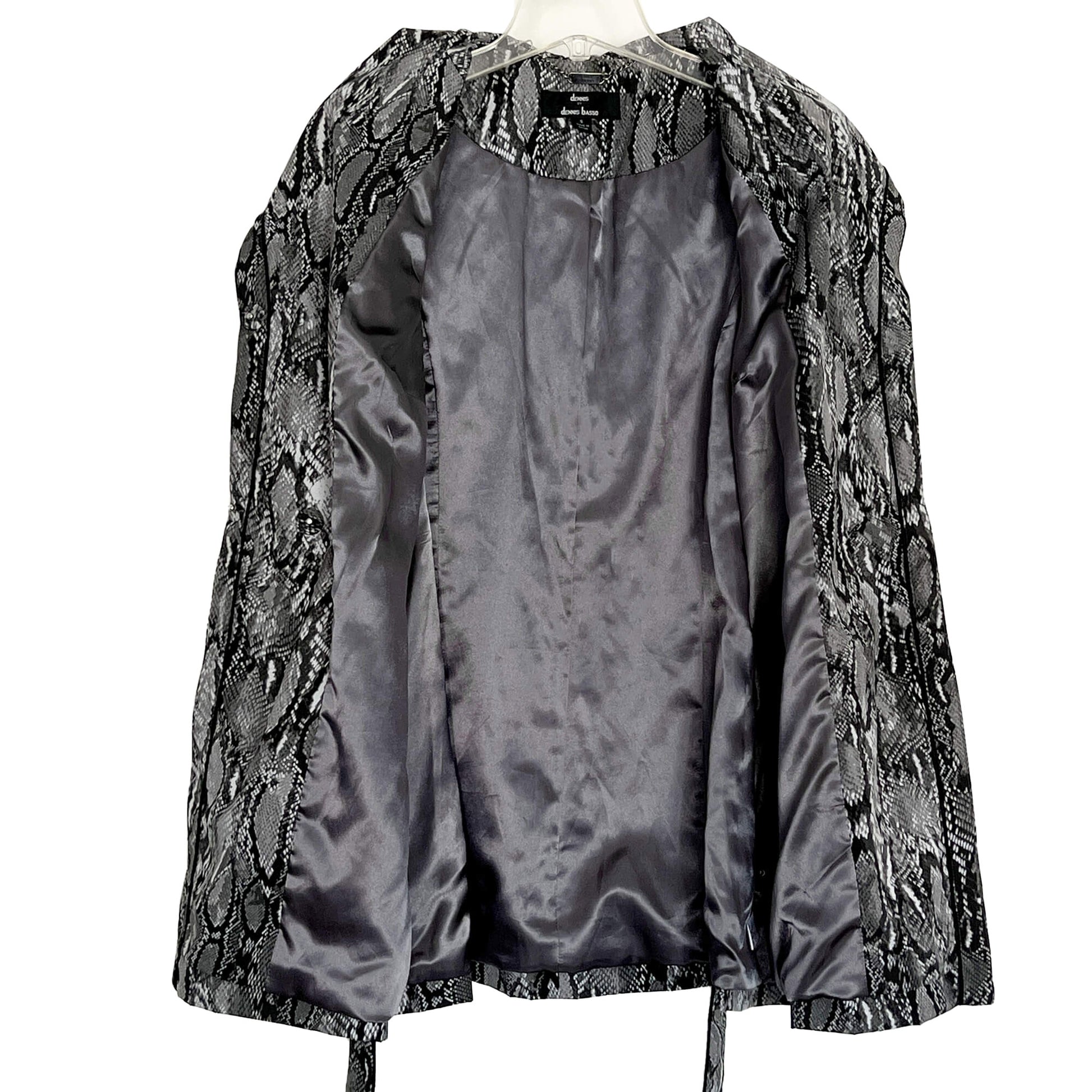 Dennis-Basso-Black-Silver-Reptile-Print-Raincoat-Interior-View.-