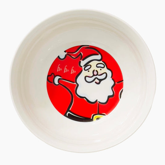 White Santa bowl with a red circular design featuring a cartoon Santa Claus on a white background