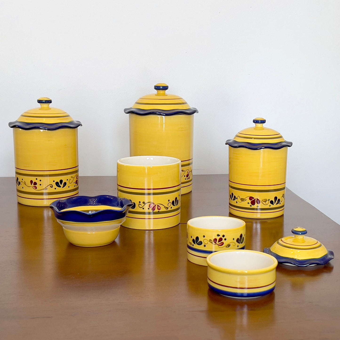 Gold-Floral-Stoneware-Canister-Set., Covered-Sugar-Bowl,-Dip-Bowl-and-Icer, and-Hurricane-Glass-Base.
