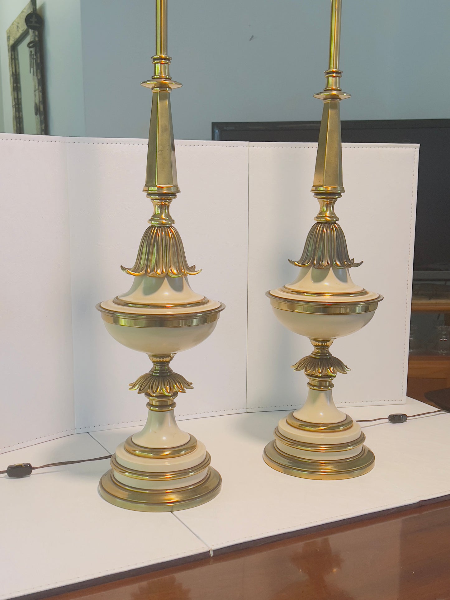 2 Stiffel Brass and Enamel Torchiere Table Lamps - 39"