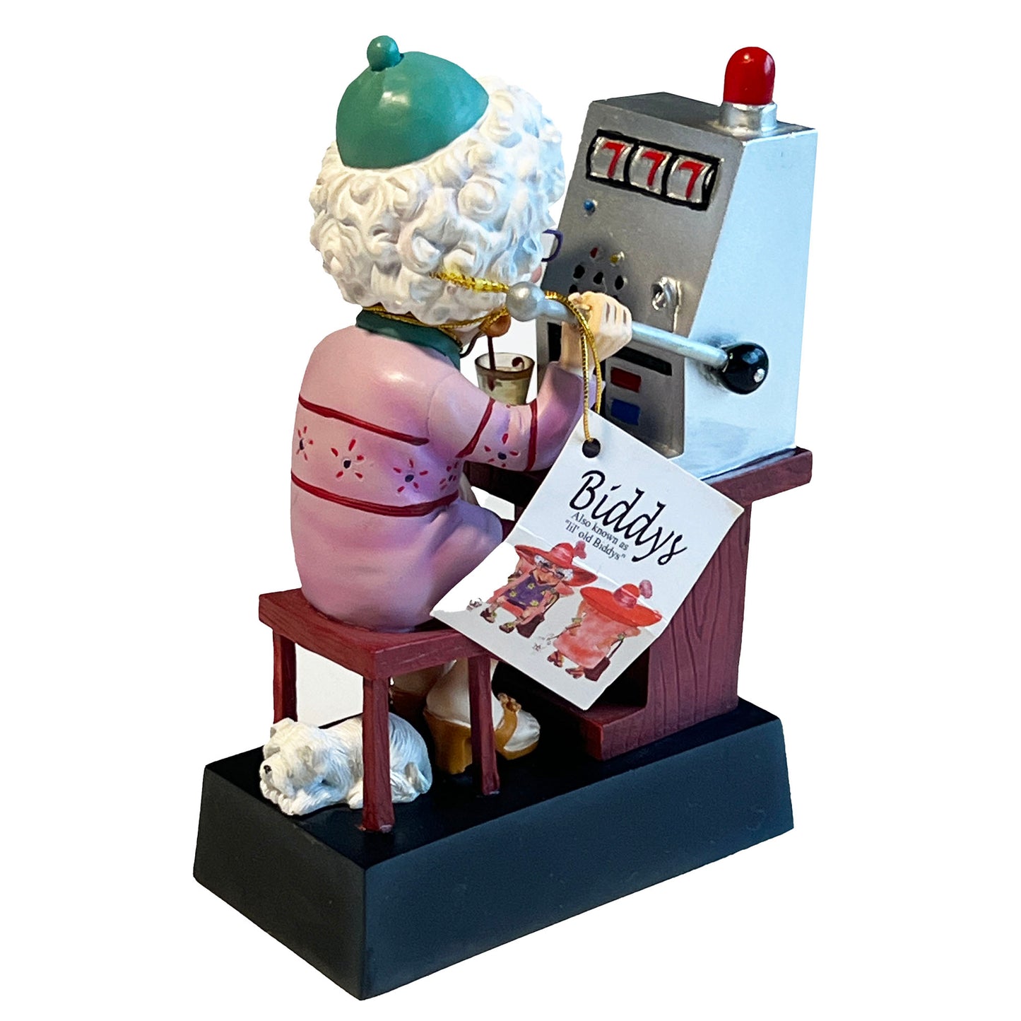 Lil-Ol-Biddys-Casino-Lady-Queen-Mother Figurine-sitting-at-the-slot-machine, showing 777.