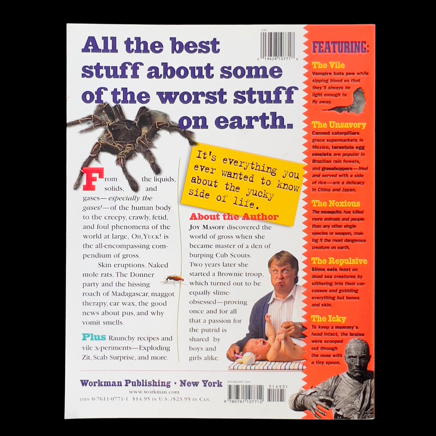 Book cover with text and images of a man and a spider, featuring Workman Publishing.