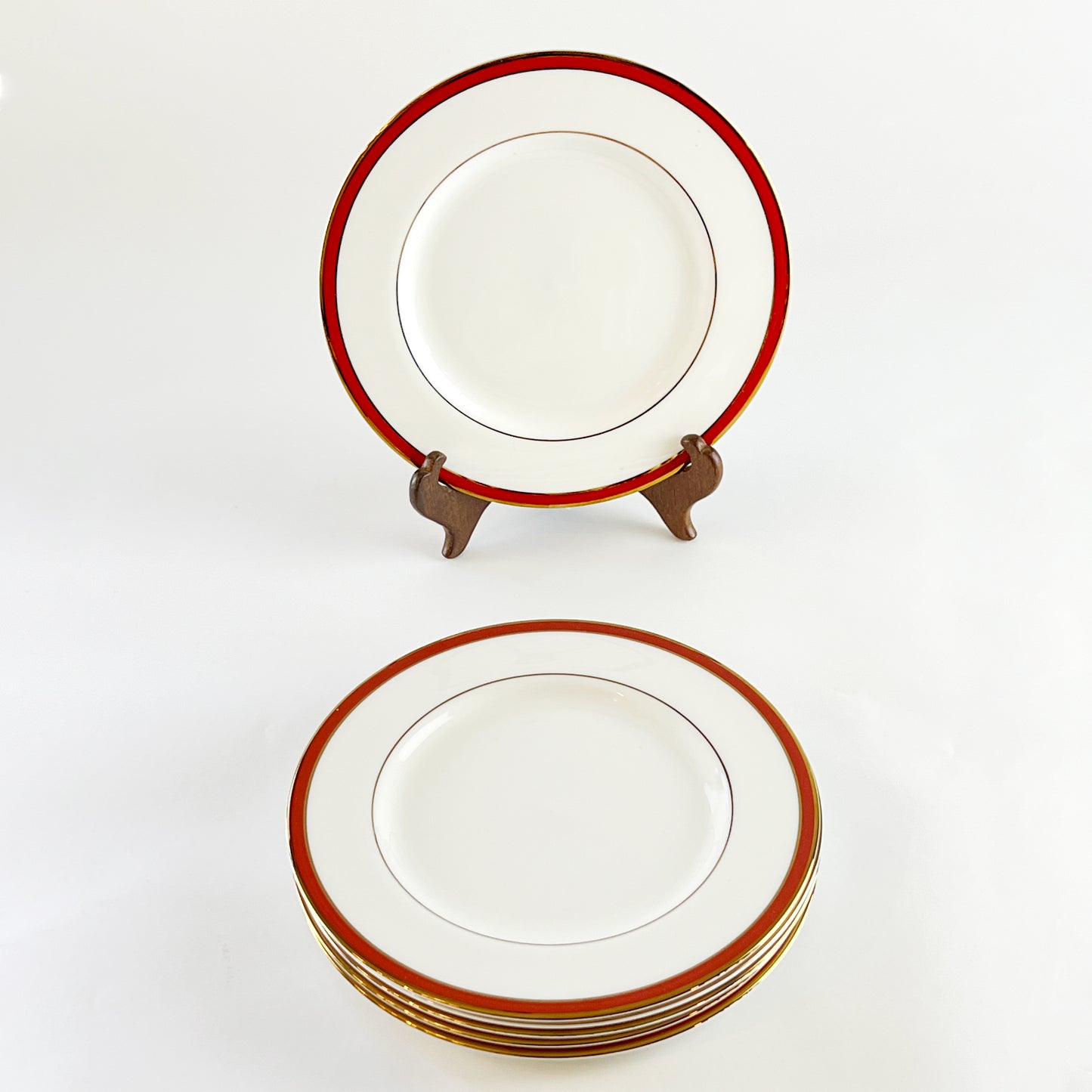Pickard-Luxury-White-Porcelain-Plates-with-Red-Band-and-24k-gold-trim.-
