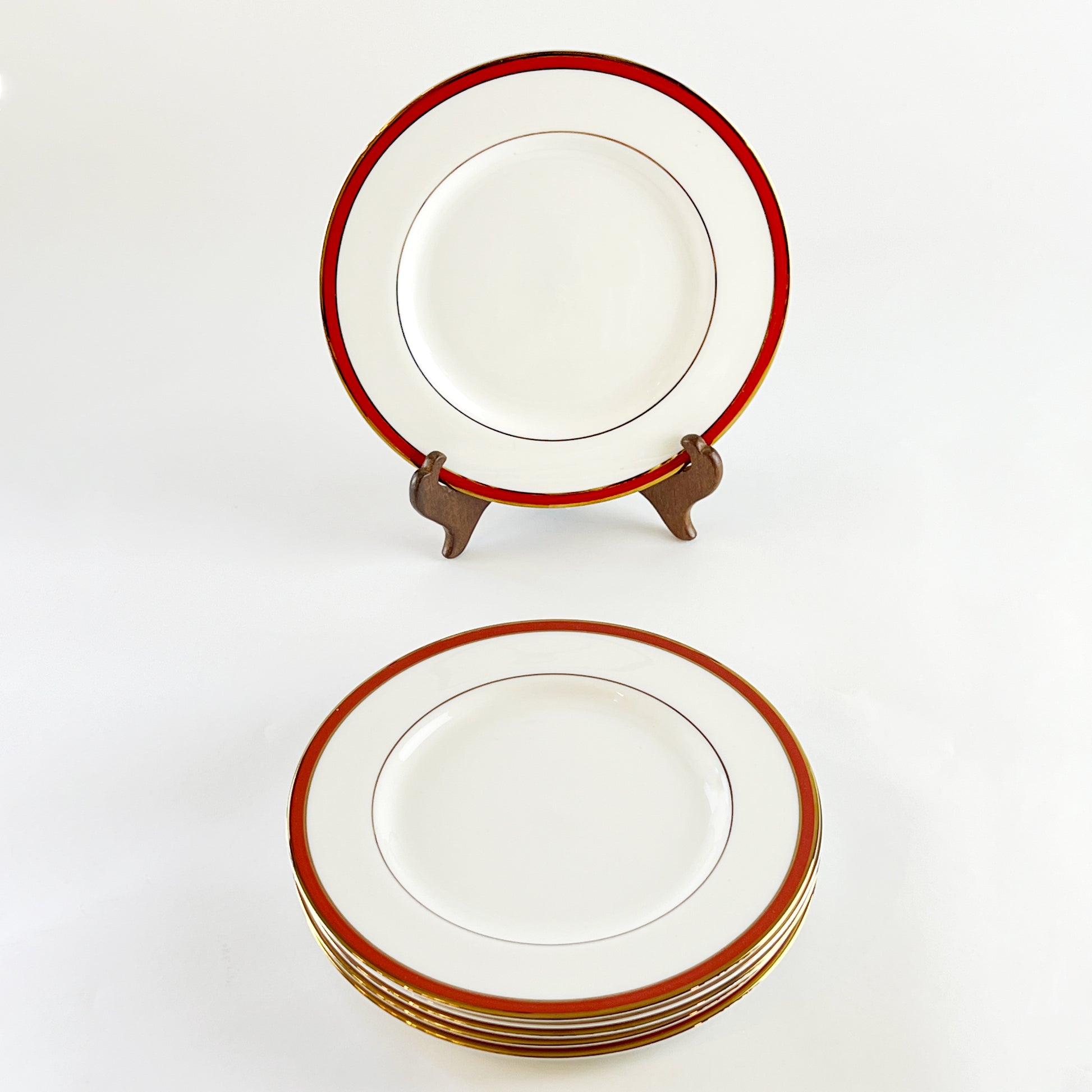 Pickard-Luxury-White-Porcelain-Plates-with-Red-Band-and-24k-gold-trim.-