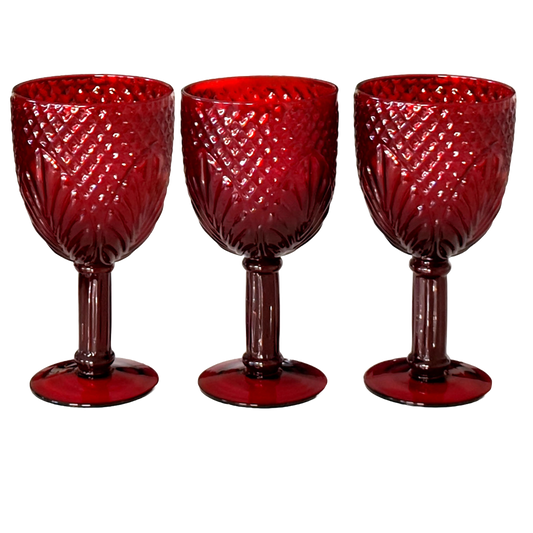 Red Glass Water Goblet Set, Diamond Fan Design 7-in.