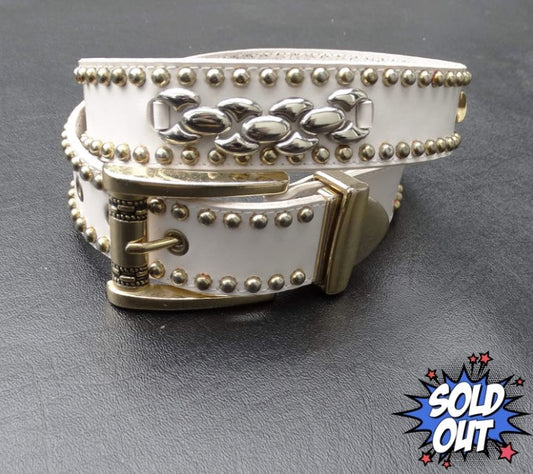 Donna Katz White Leather Western Belt, Gold Studs