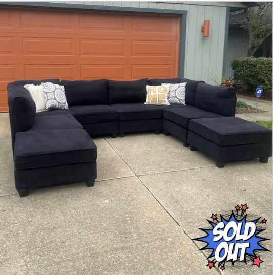 Prichard 118" Black Velvet Modular Sectional Sofa, Ottoman, 8pc