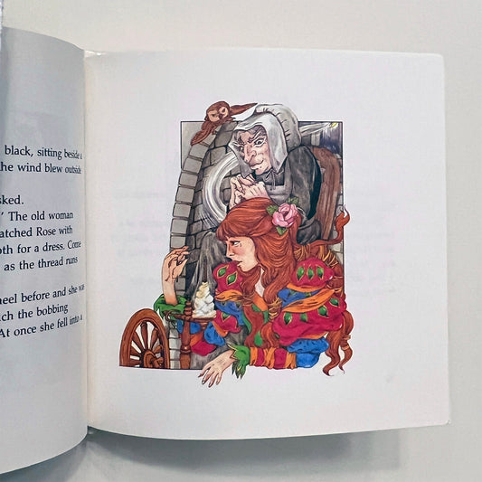 Illustration from a book showing a woman with red hair sitting at a spinning wheel, with an evil fairy behind her.