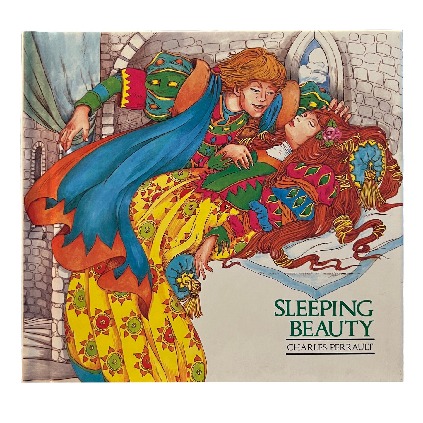 Illustrated cover of 'Sleeping Beauty' by Charles Perrault with the Prince and Princess characters in colorful costumes.