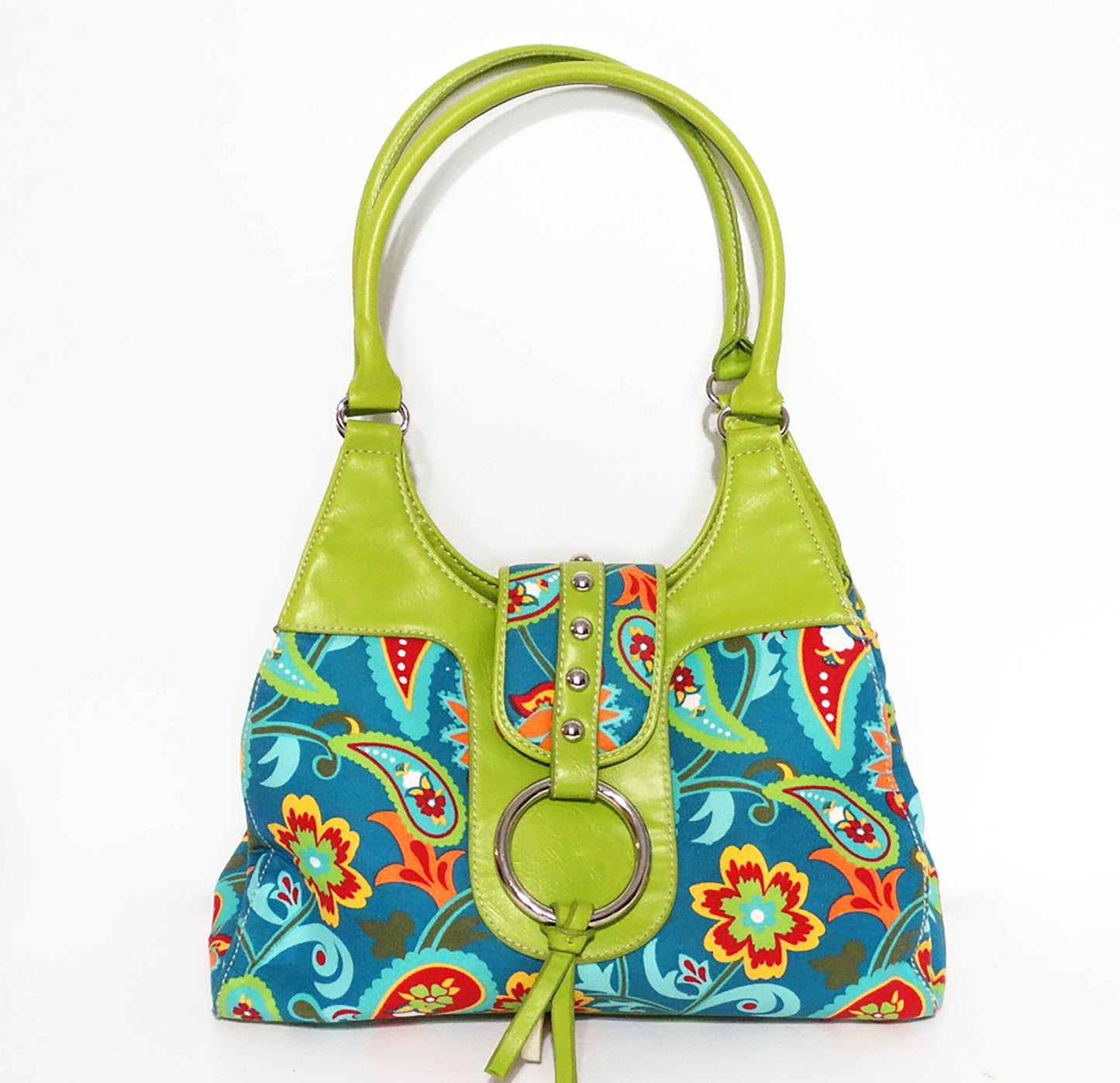 St-Johns-Bay-Teal-Blue,-lime-green, light-blue,-orange-and-gold-canvas-leather-handbag