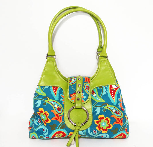 St-Johns-Bay-Teal-Blue,-lime-green, light-blue,-orange-and-gold-canvas-leather-handbag