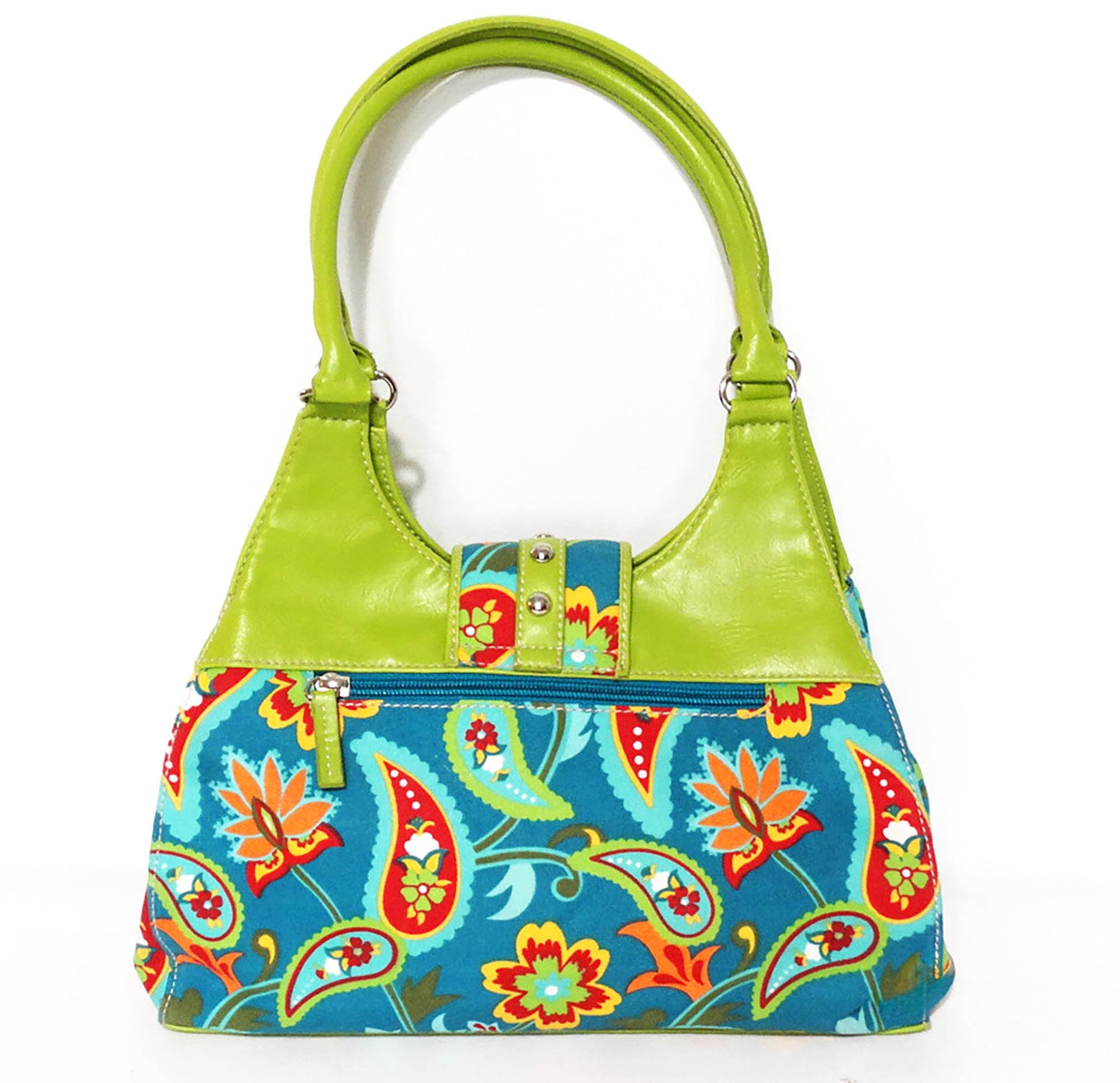 St.-John's-Bay-Blue/Green-Paisley-Floral-Bag. Back-view-showing-zippered-pocket