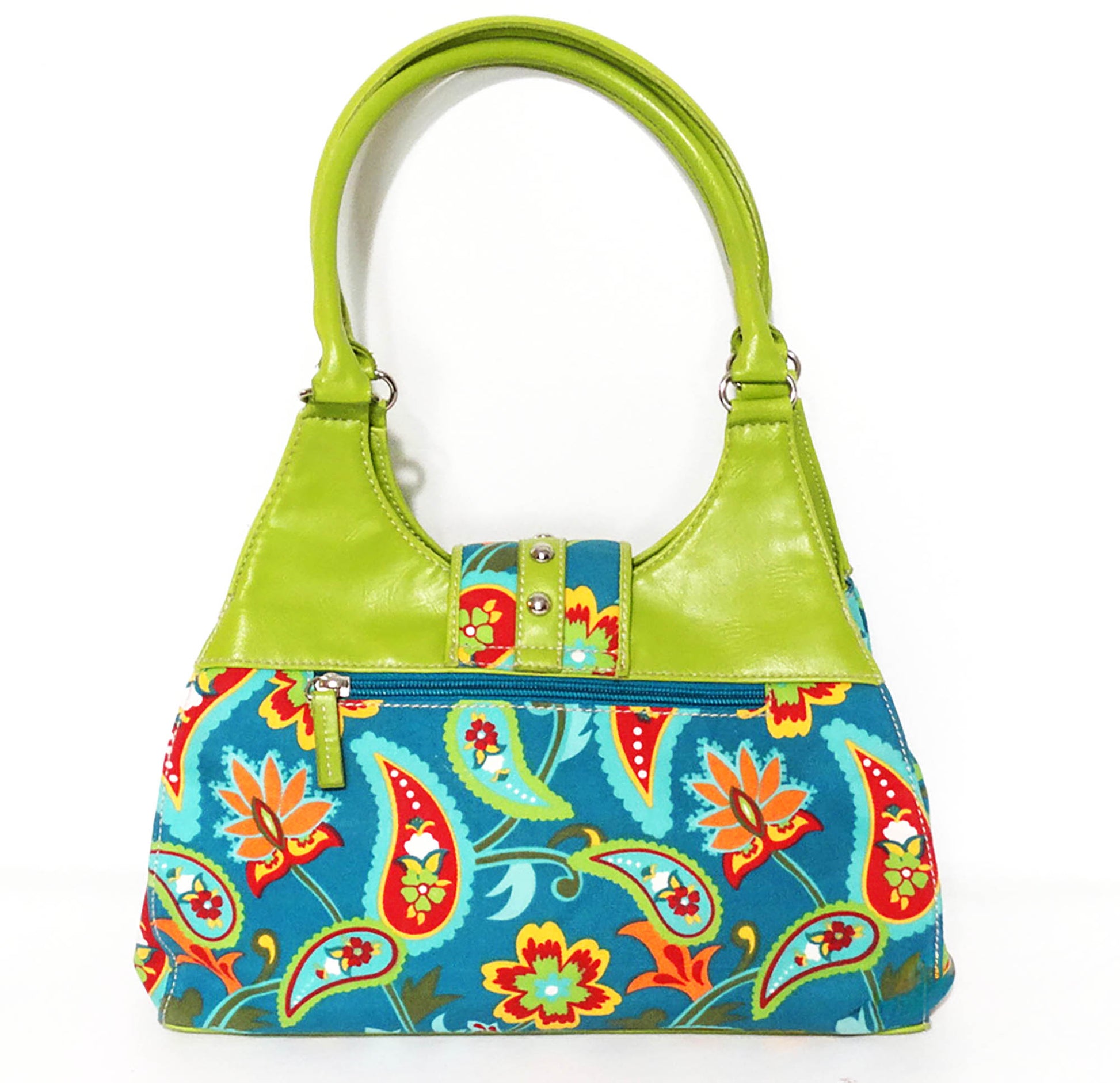 St.-John's-Bay-Blue/Green-Paisley-Floral-Bag. Back-view-showing-zippered-pocket