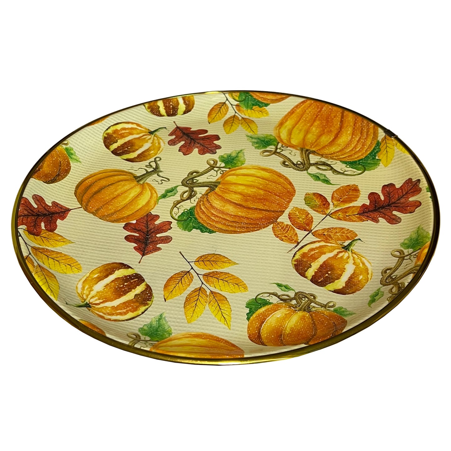 Autumn-Round-Plastic-Serving-Tray. Angled-view.