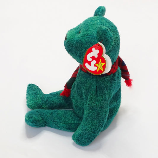 Ty-Original-Beanie-Baby-WALLACE-Green-Stuffed-Bear.-Side-View-2,-showing-hangtag.