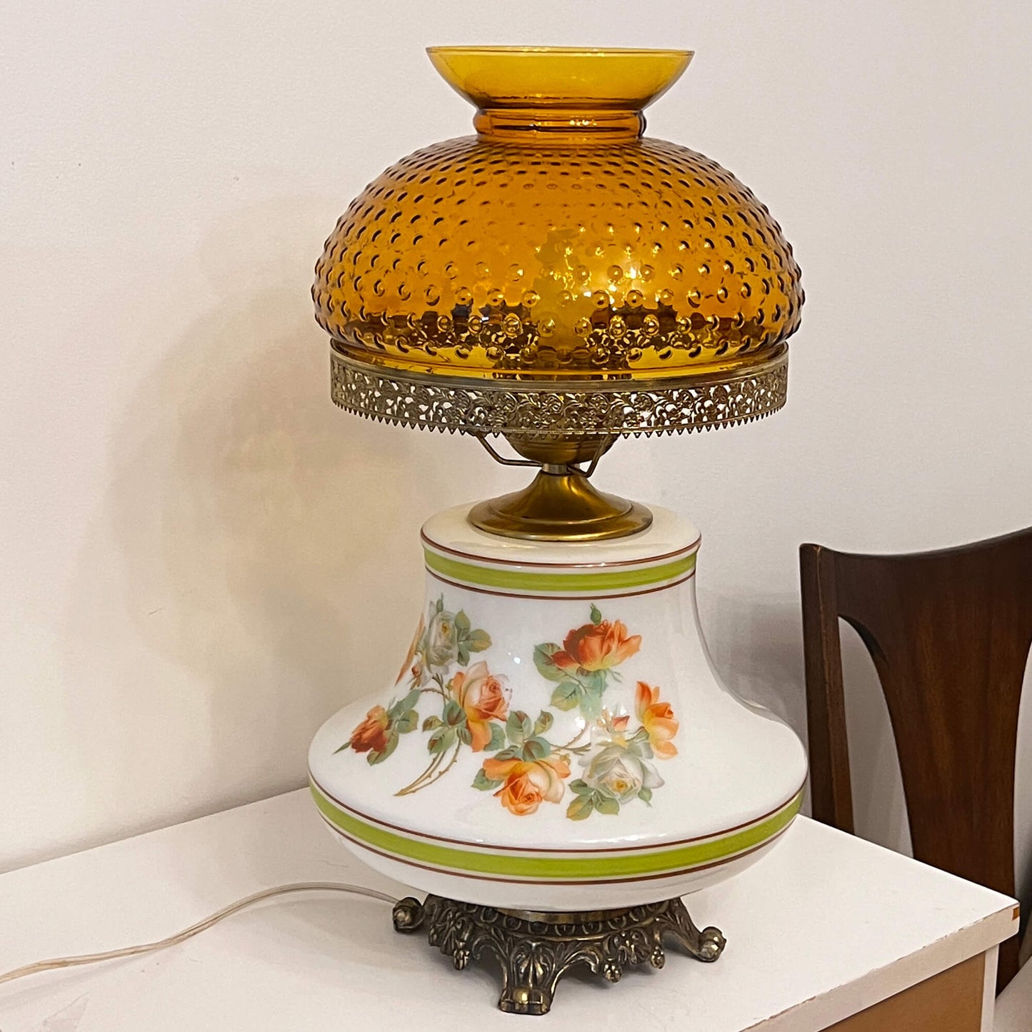 Vintage-White-Floral-Hurrican-Lamp-with-Hobnail-Glass-Shade.-Front-view.-Shop-eBargainsAndDeals.com.