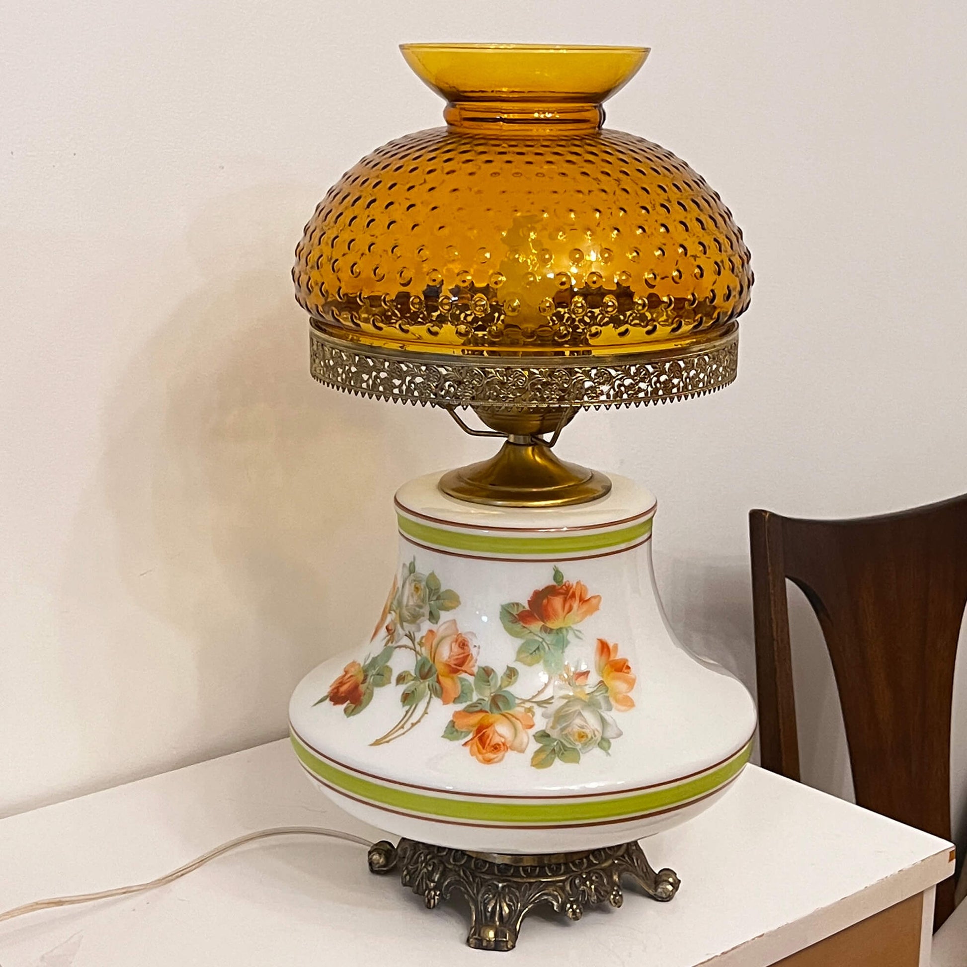 Vintage-White-Floral-Hurrican-Lamp-with-Hobnail-Glass-Shade.-Front-view.-Shop-eBargainsAndDeals.com.