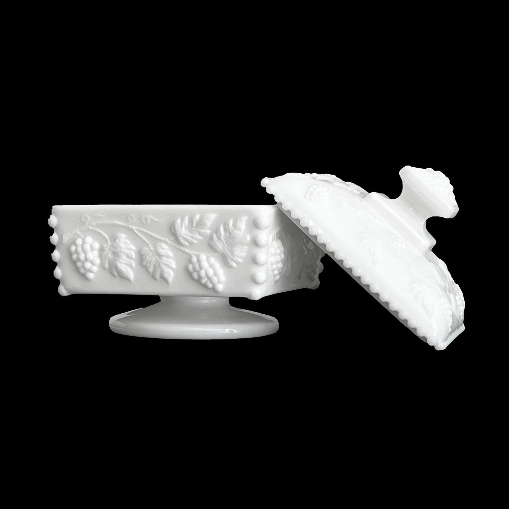 Westmoreland-Milk-Glass-Grape-and-Leaf-Covered-Bowl.-Open-View.-Shop-eBargainsAndDeals.com