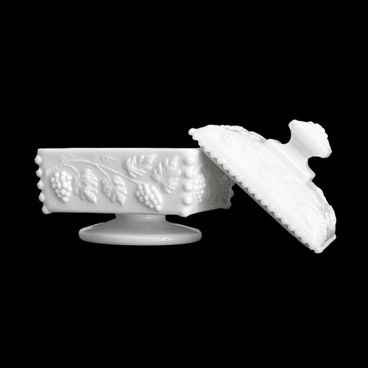 Westmoreland-Milk-Glass-Grape-and-Leaf-Covered-Bowl.-Open-View.-Shop-eBargainsAndDeals.com