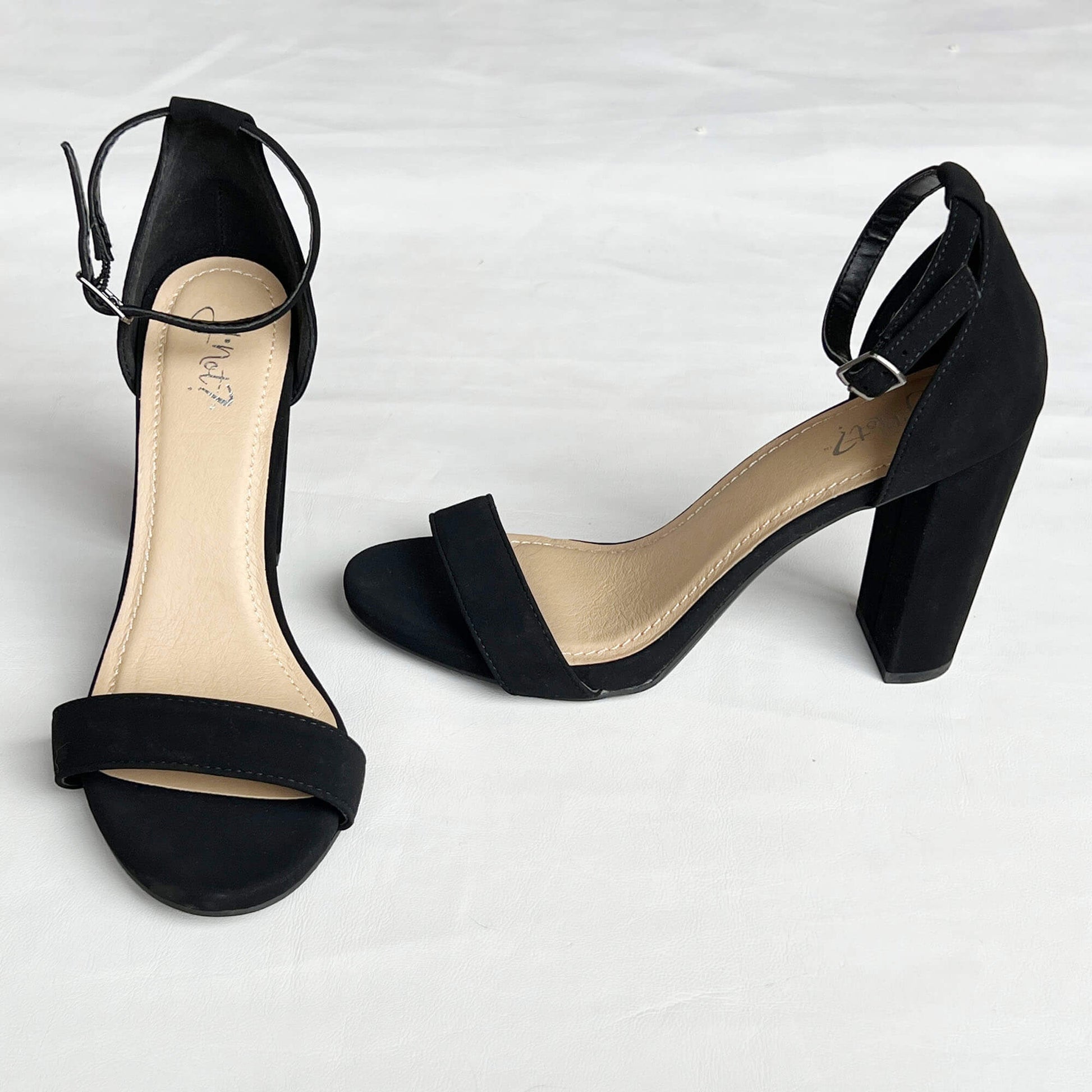 Y-Not-Women_s-Black-Suede-Ankle-Strap-Sandals.-Front-and-Side-View.-8M.