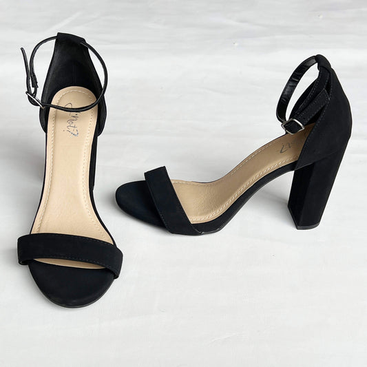 Y-Not-Women_s-Black-Suede-Ankle-Strap-Sandals.-Front-and-Side-View.-8M.