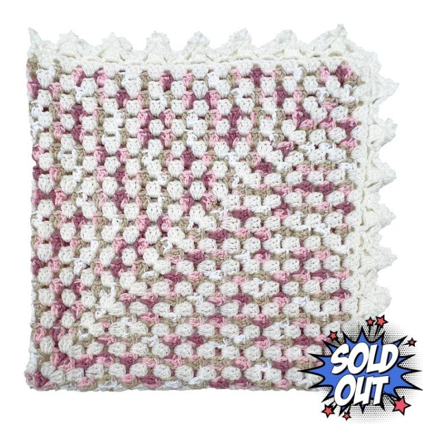 Crochet Baby Receiving Blanket 36x36. Pink/Beige/Winter White.
