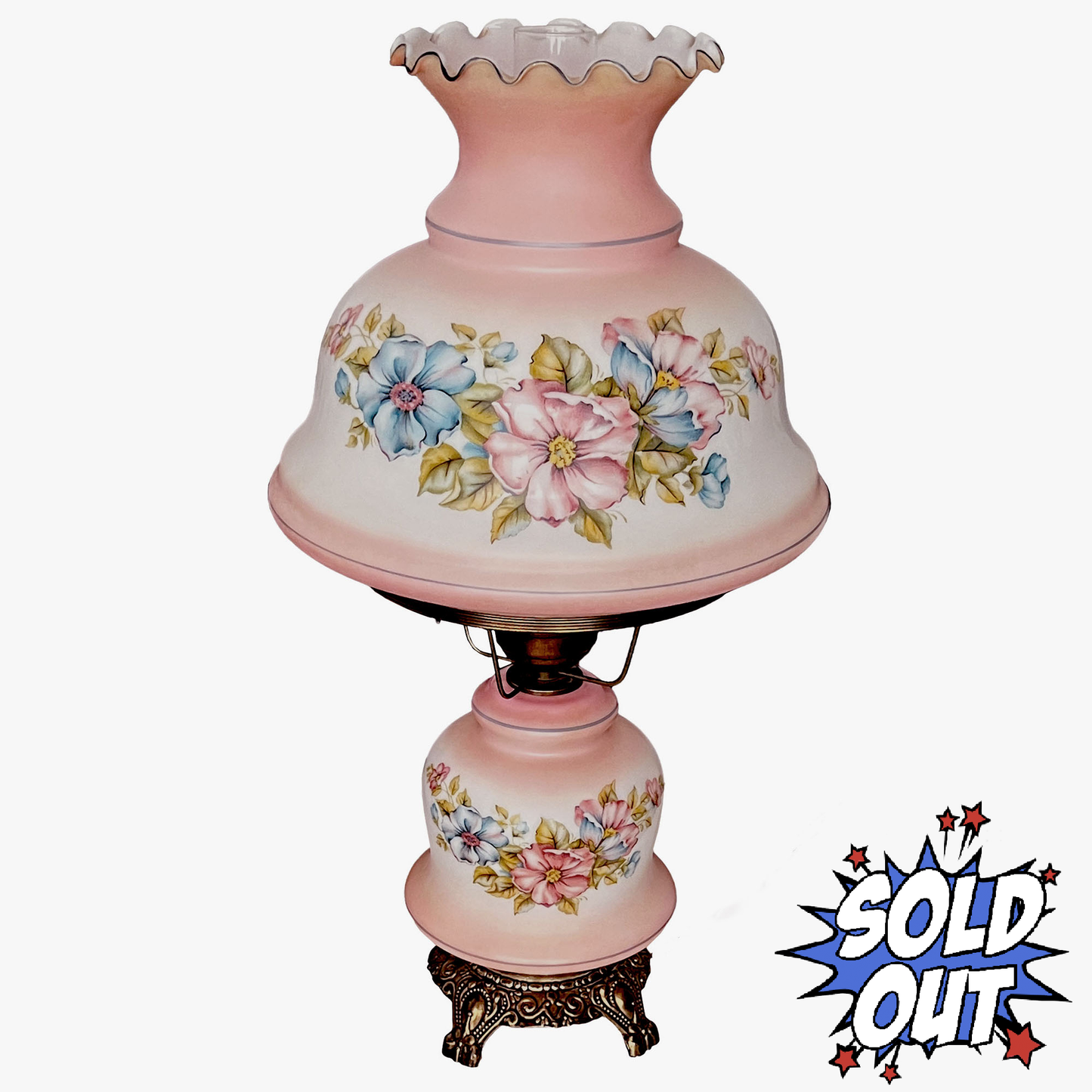 Hurricane Lamp - Pink Floral Glass Hurricane Table Lamp 1970s