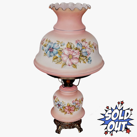 Hurricane Lamp - Pink Floral Glass Hurricane Table Lamp 1970s