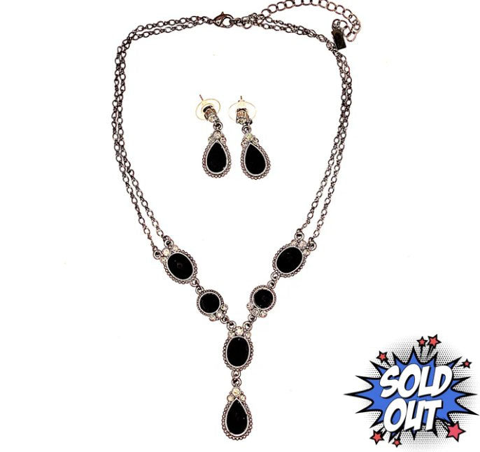 Black Onyx and Diamond Necklace with Matching Earrings Set