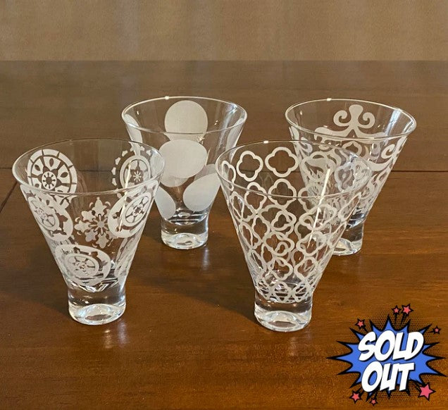 White Etched Cocktail Glasses, Stemless Bar Glass Set