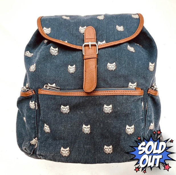 Mudd Blue Denim Owl Print Backpack, School Book Bag