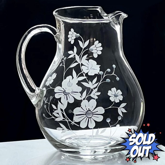 Pasabahce White Etched Floral Glass Pitcher 9-in