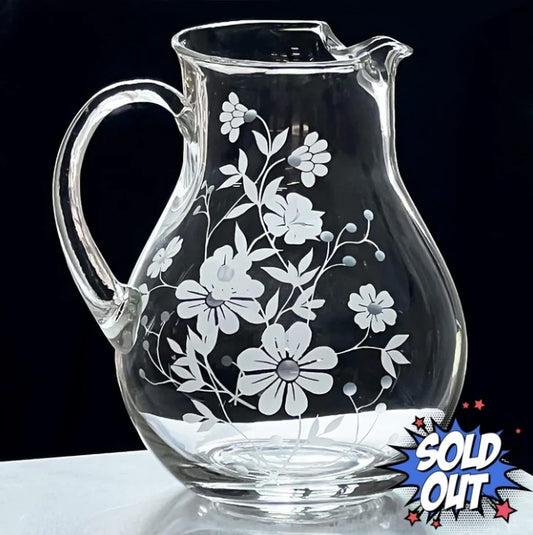 Pasabahce White Etched Floral Glass Pitcher 9-in