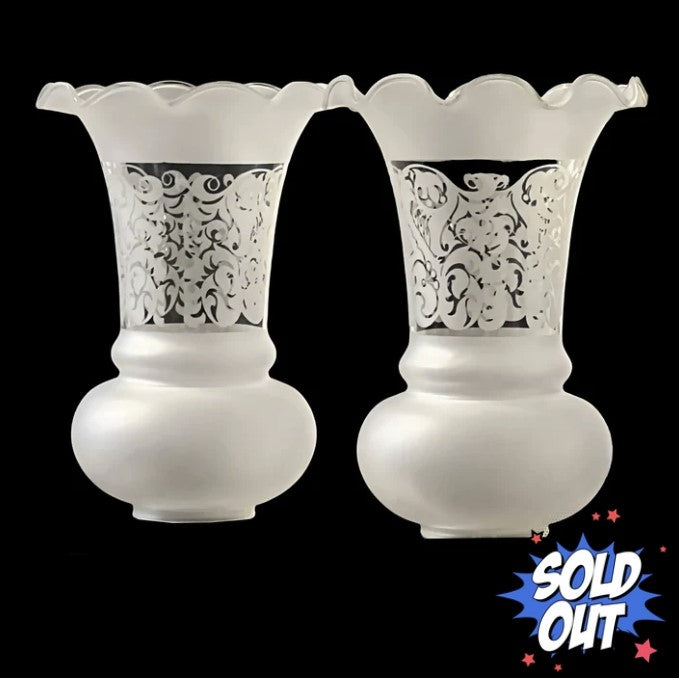 Vintage Set of Frosted, Etched Glass Hurricane Lamp Shades