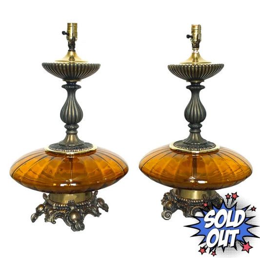 Stiffel Mid-Century Amber Glass Table Lamps 35"
