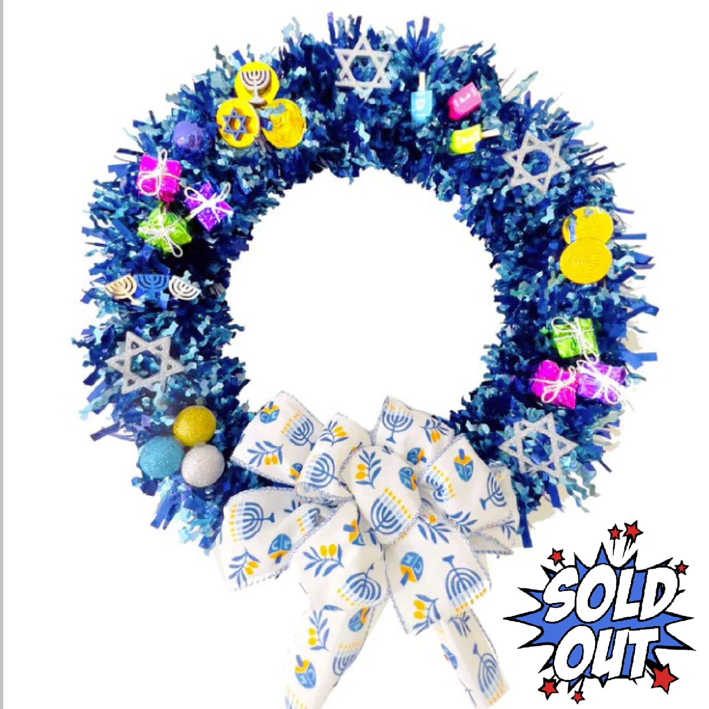 Hanukkah Holiday Door Wreath, Wooden Stars, Dreidels - 18 inches