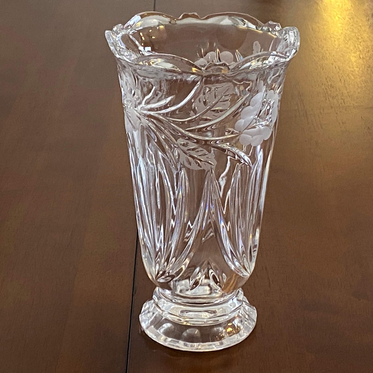Hand-Cut Floral Lead Crystal Vase from Poland 9.5 in. Vintage