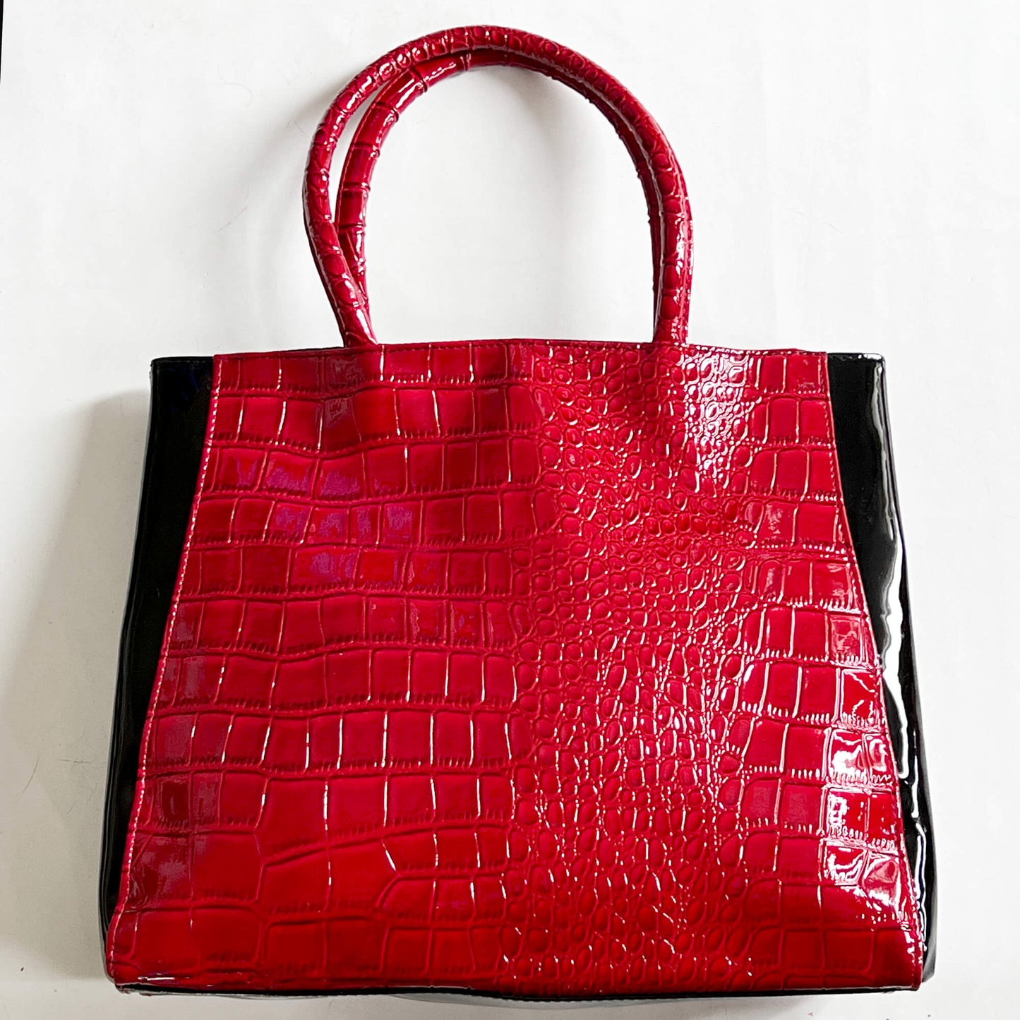 Elizabeth Arden Red and Black Patent Leather Crocodile Tote Bag