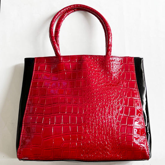 Elizabeth Arden Red and Black Patent Leather Crocodile Tote Bag
