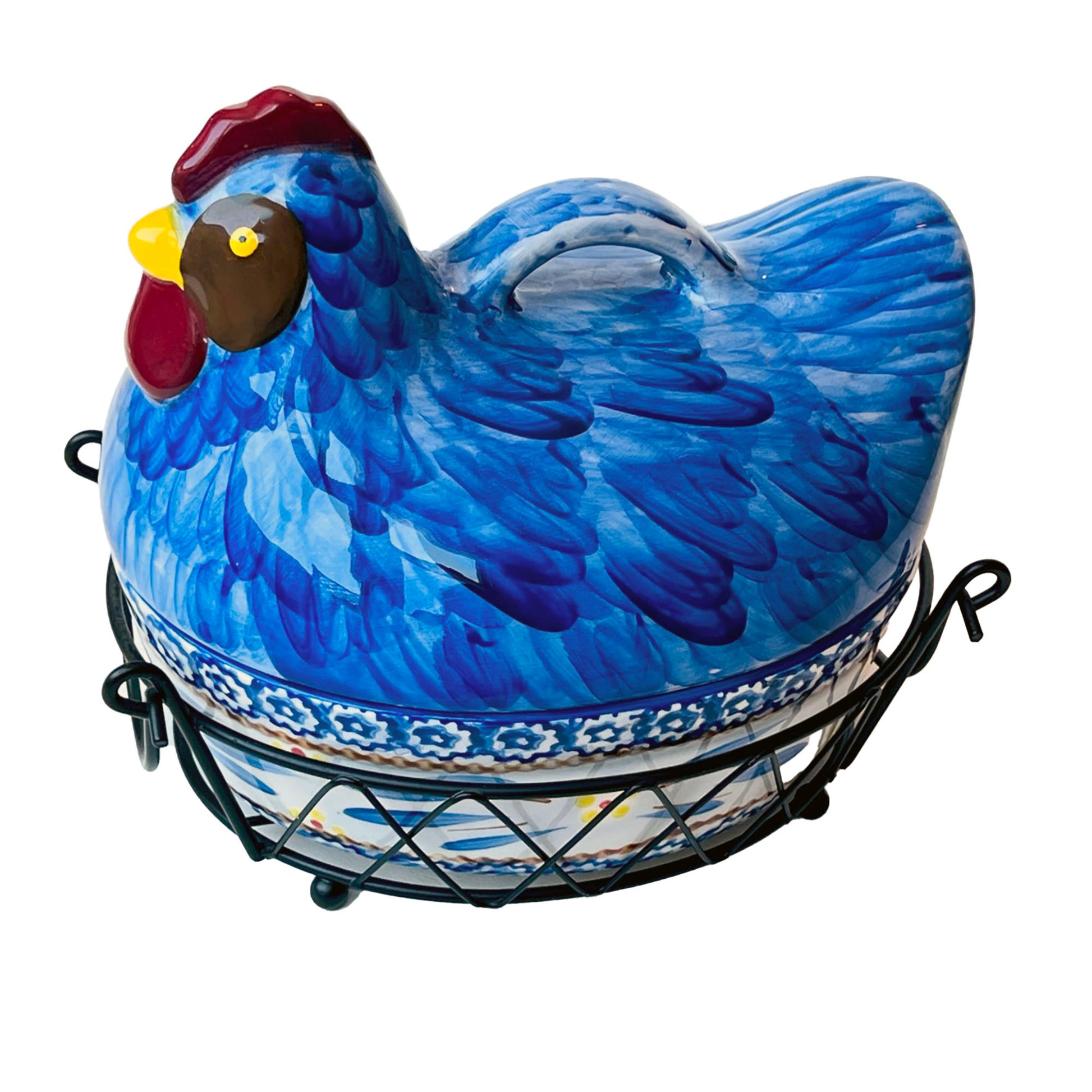 Hen_-Rooster_-Chicken-Covered-Baking-Dish_-Basket-Handles_-Blue-Temp-Tations. Dishwasher, Oven-and-Microwave-Safe.